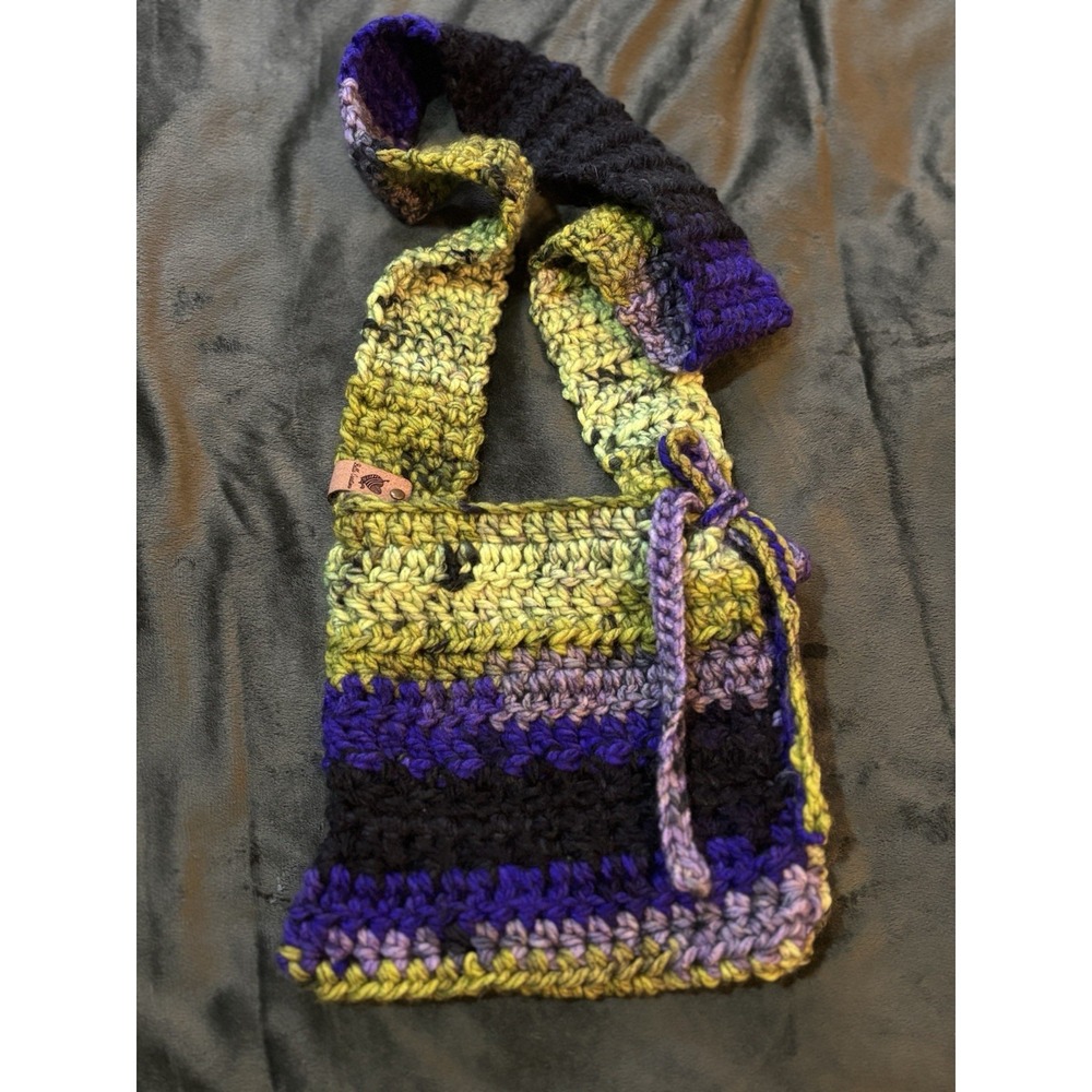 Handmade Crochet Boho‎ Bag Crossbody Color Block Green/Purple Colorful Bow